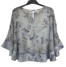 Women Fashion Ruffle Sleeve Chiffon Blouse Flower Printing Color Polyester Material