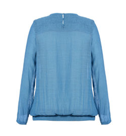 Round Neck Fashion Ladies Blouse With Elastic In Blue Back Slit With Buttons