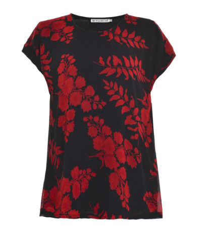 Front Red Pattern Printed Ladies Viscose Tops , Ladies Short Sleeve T Shirts