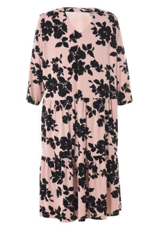 Pink Flower Printed Women's Long Sleeve V Neck Dress—Custom Made Maxi Dress