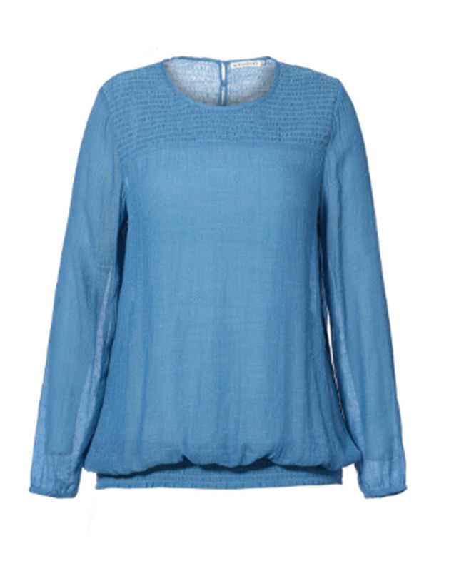 Round Neck Fashion Ladies Blouse With Elastic In Blue Back Slit With Buttons
