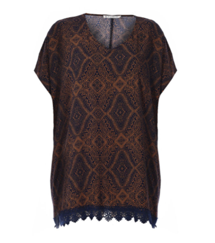 Geometric Printing Plus Size Blouses V Neck With Lace Trims In Hem Casual Style